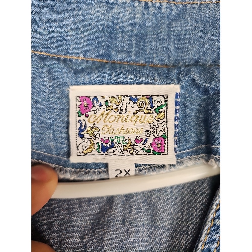 Vintage MONIQUE Fashions Denim Shirt Sz 2X Blue Raglan Sleeve Stars Embellished - Picture 4 of 9